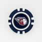 A navy blue and white poker chip-style marker from Ballmarkers.com featuring the Cleveland Guardians logo with a winged baseball and a red G outlined in black and white at the center.