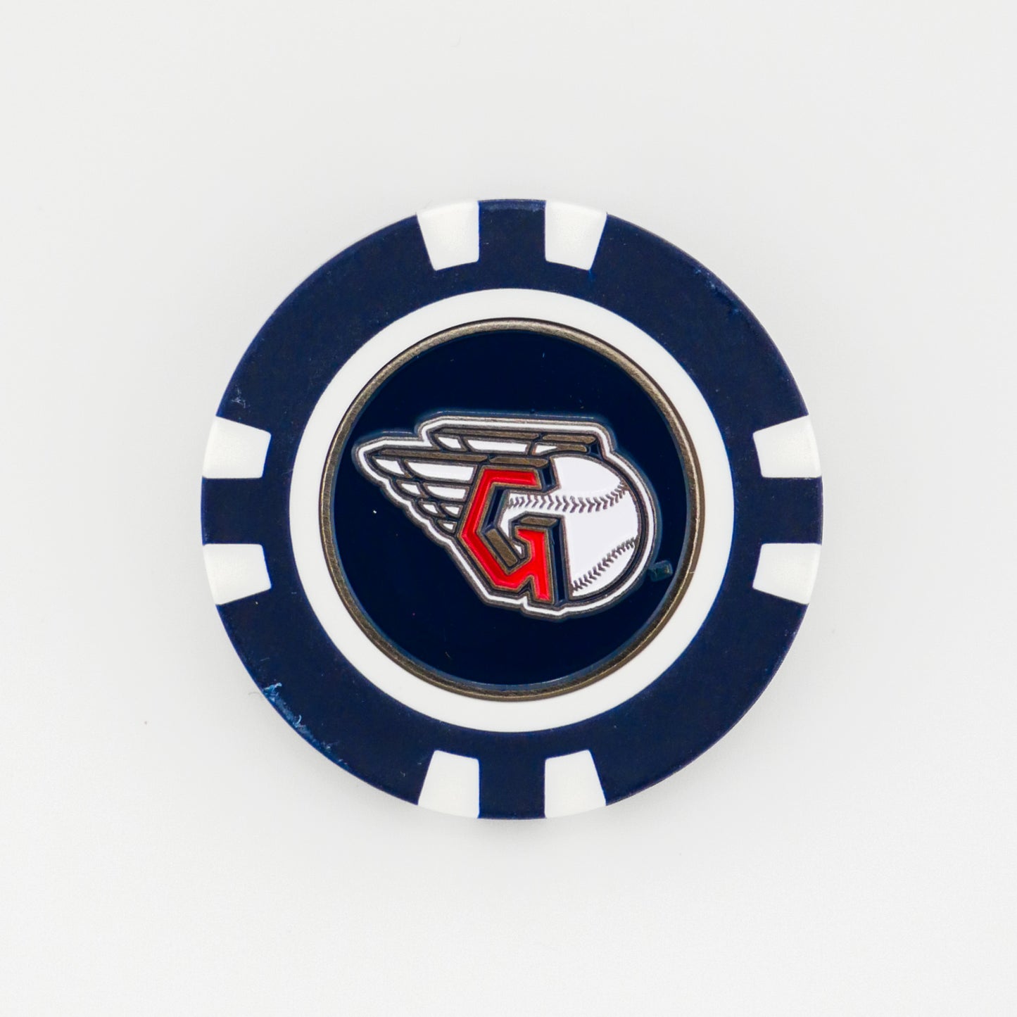 A navy blue and white poker chip-style marker from Ballmarkers.com featuring the Cleveland Guardians logo with a winged baseball and a red G outlined in black and white at the center.