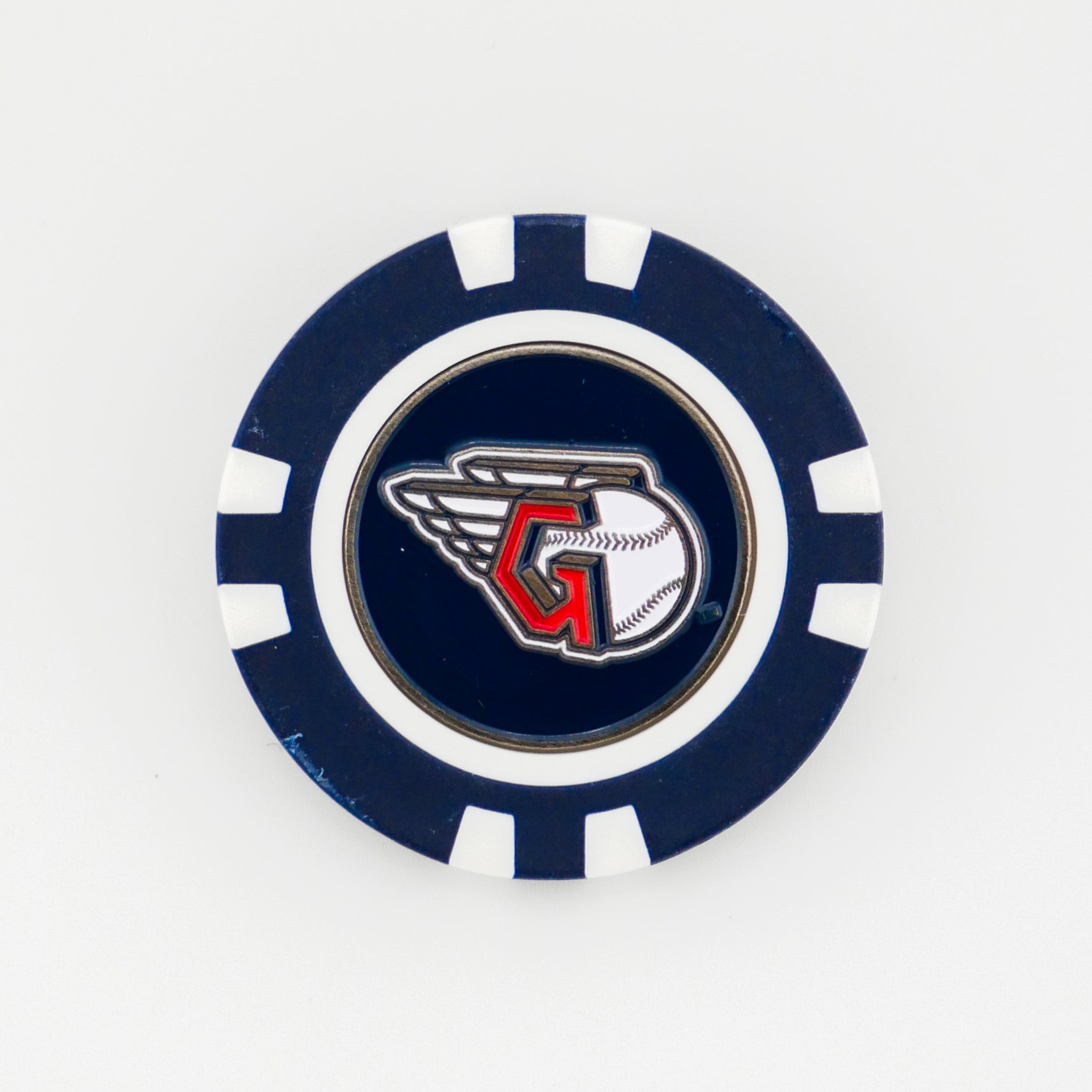 A navy blue and white poker chip-style marker from Ballmarkers.com featuring the Cleveland Guardians logo with a winged baseball and a red G outlined in black and white at the center.