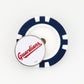 A round poker chip-style marker by Ballmarkers.com, featuring blue and white segments, lies on a white surface. On top is a circular metal Cleveland Guardians marker with “Guardians” in red script.