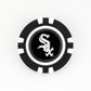 The Chicago White Sox marker by Ballmarkers.com features a black and white poker chip design with the team logo at the center—ideal for use as an MLB or golf ball marker.