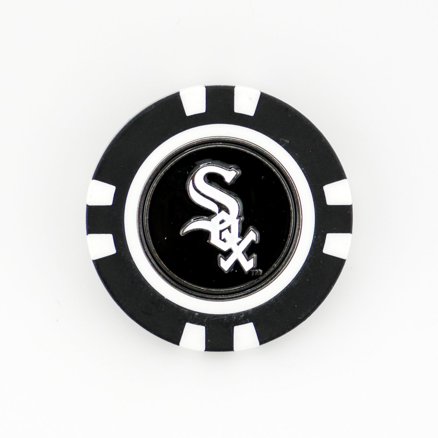 The Chicago White Sox marker by Ballmarkers.com features a black and white poker chip design with the team logo at the center—ideal for use as an MLB or golf ball marker.