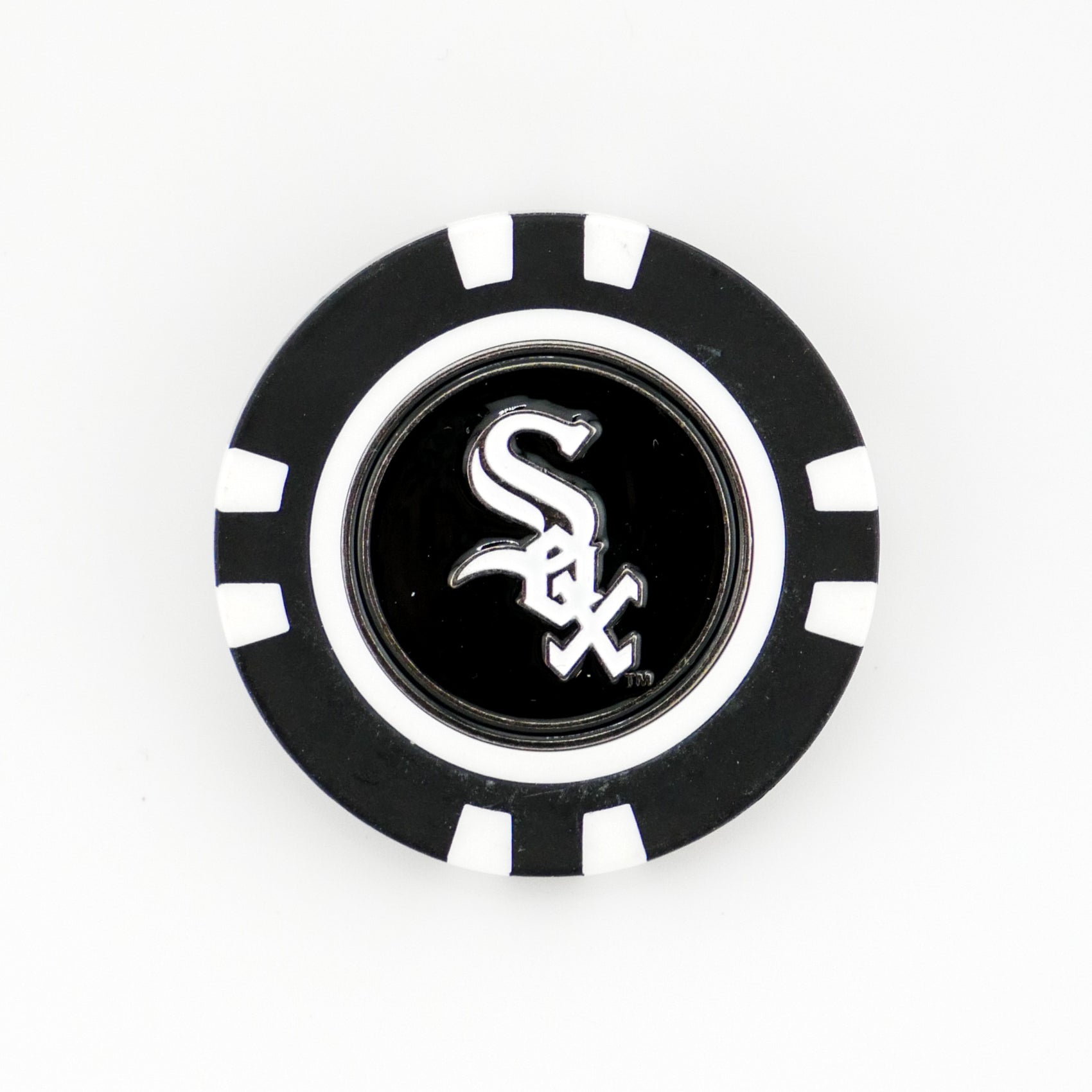 The Chicago White Sox marker by Ballmarkers.com features a black and white poker chip design with the team logo at the center—ideal for use as an MLB or golf ball marker.