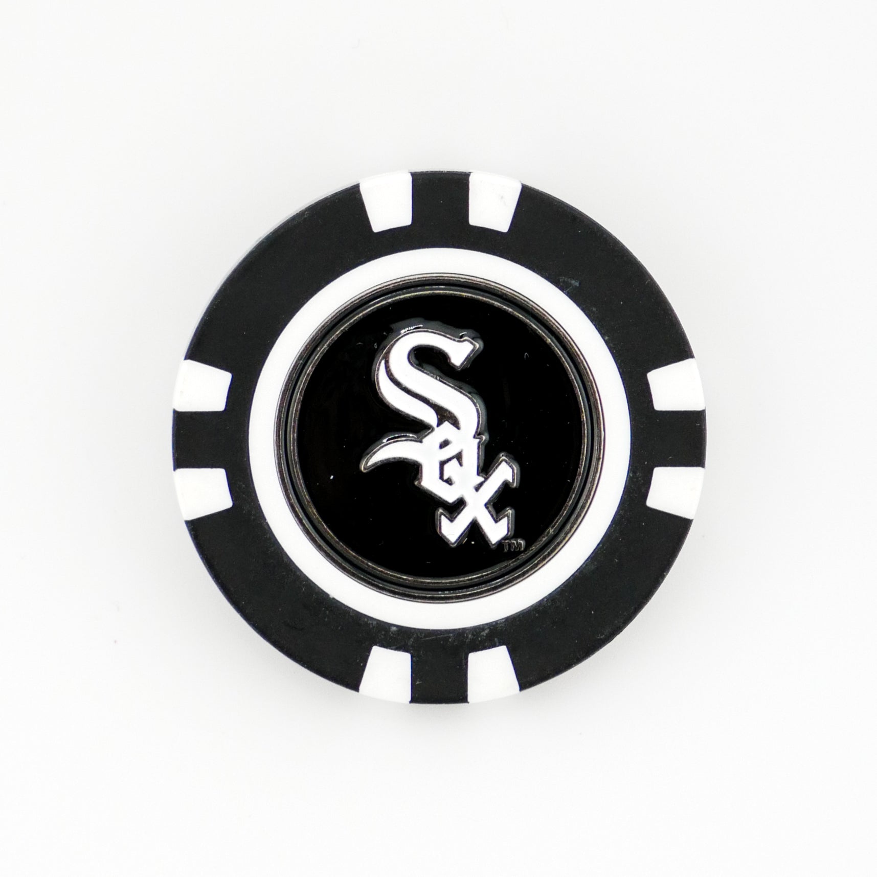The Chicago White Sox marker by Ballmarkers.com features a black and white poker chip design with the team logo at the center—ideal for use as an MLB or golf ball marker.