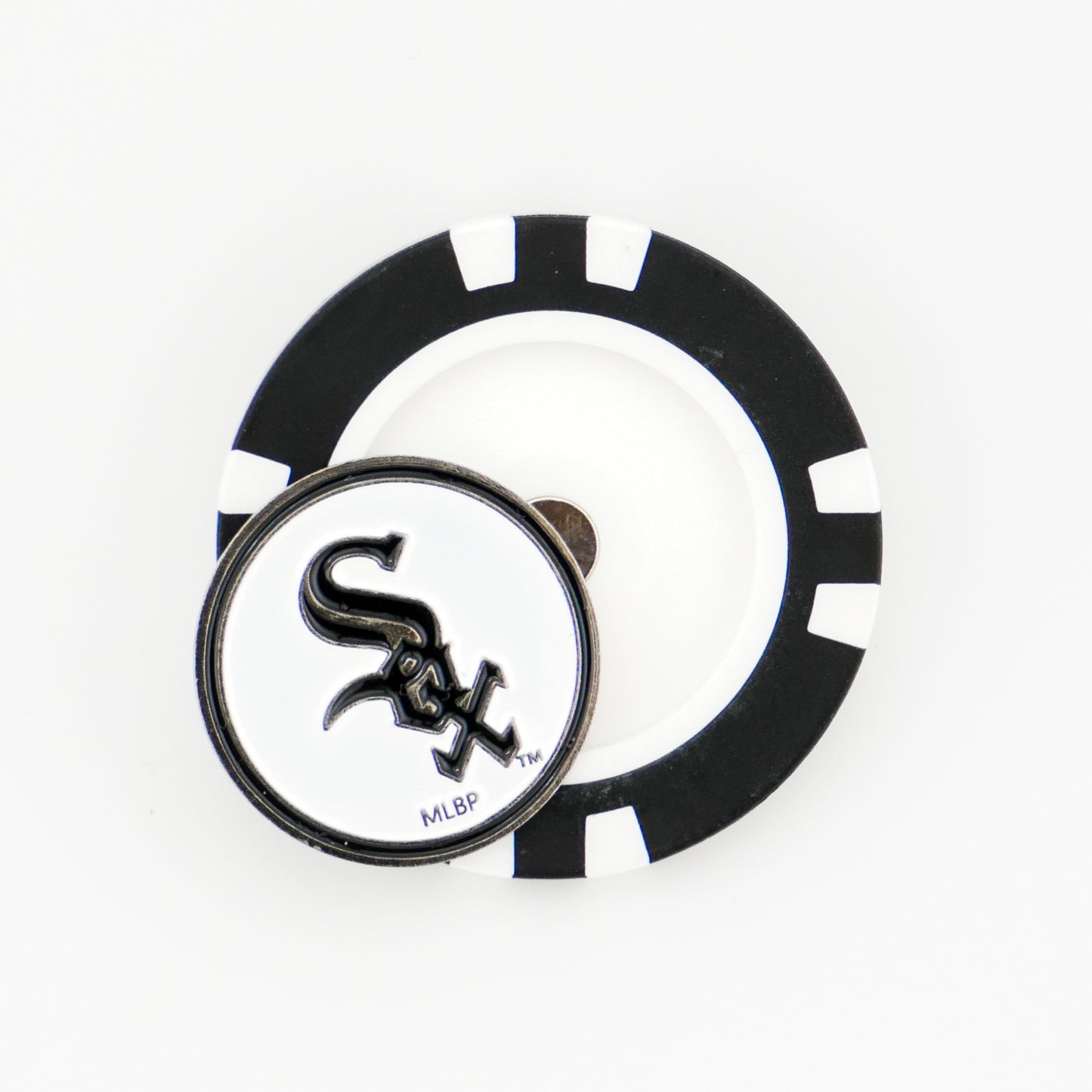 The Ballmarkers.com Chicago White Sox features a black and white poker chip-style marker with a magnetic MLB ball marker displaying the team logo in black.