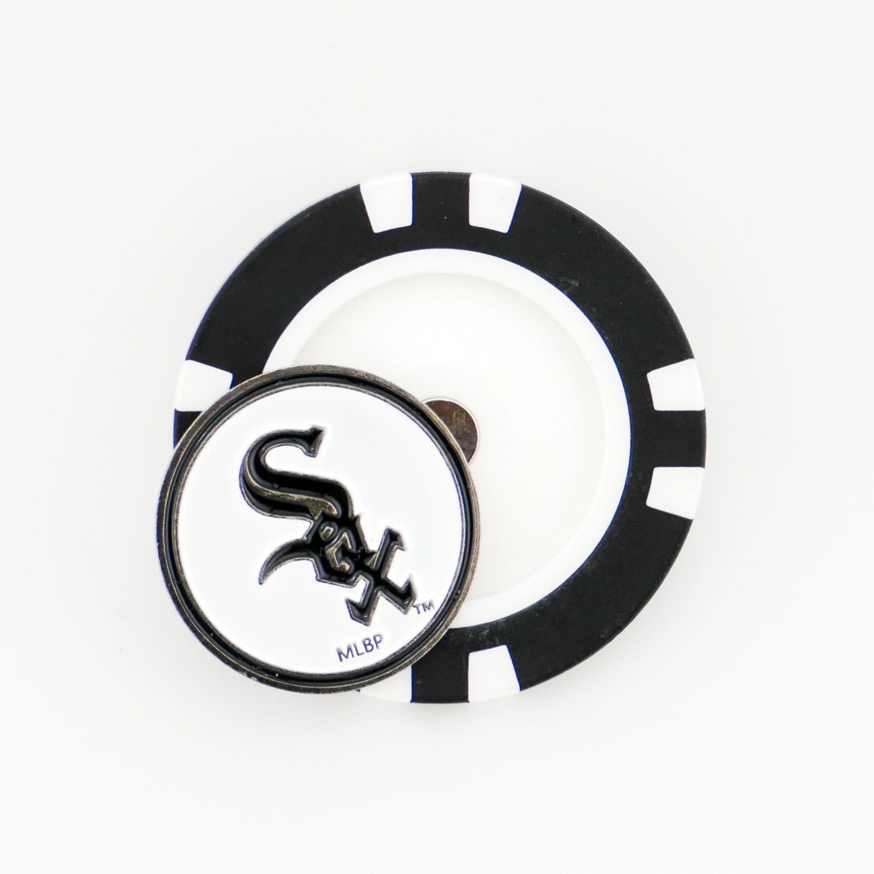 The Ballmarkers.com Chicago White Sox features a black and white poker chip-style marker with a magnetic MLB ball marker displaying the team logo in black.