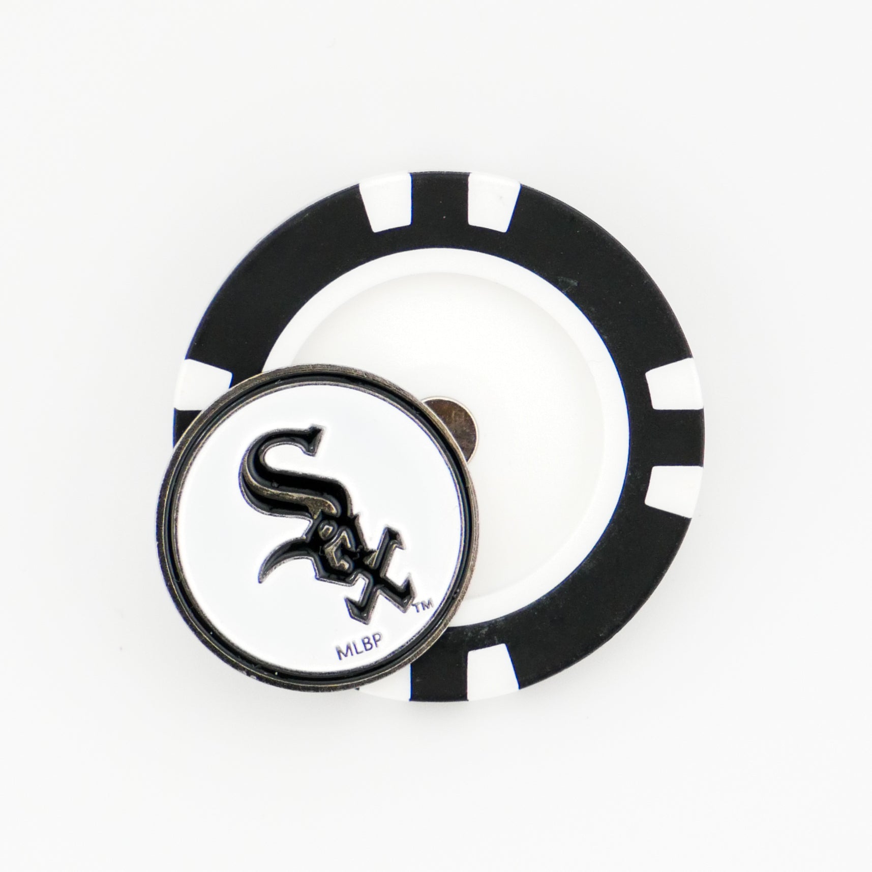 The Ballmarkers.com Chicago White Sox features a black and white poker chip-style marker with a magnetic MLB ball marker displaying the team logo in black.