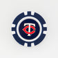 Show your MLB pride with this Ballmarkers.com Minnesota Twins poker chip ball marker, featuring the team's blue and white colors and iconic interlocking C and T logo—perfect for golf fans.
