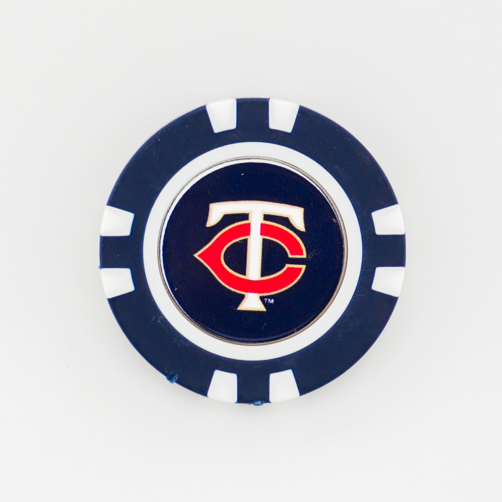 Show your MLB pride with this Ballmarkers.com Minnesota Twins poker chip ball marker, featuring the team's blue and white colors and iconic interlocking C and T logo—perfect for golf fans.