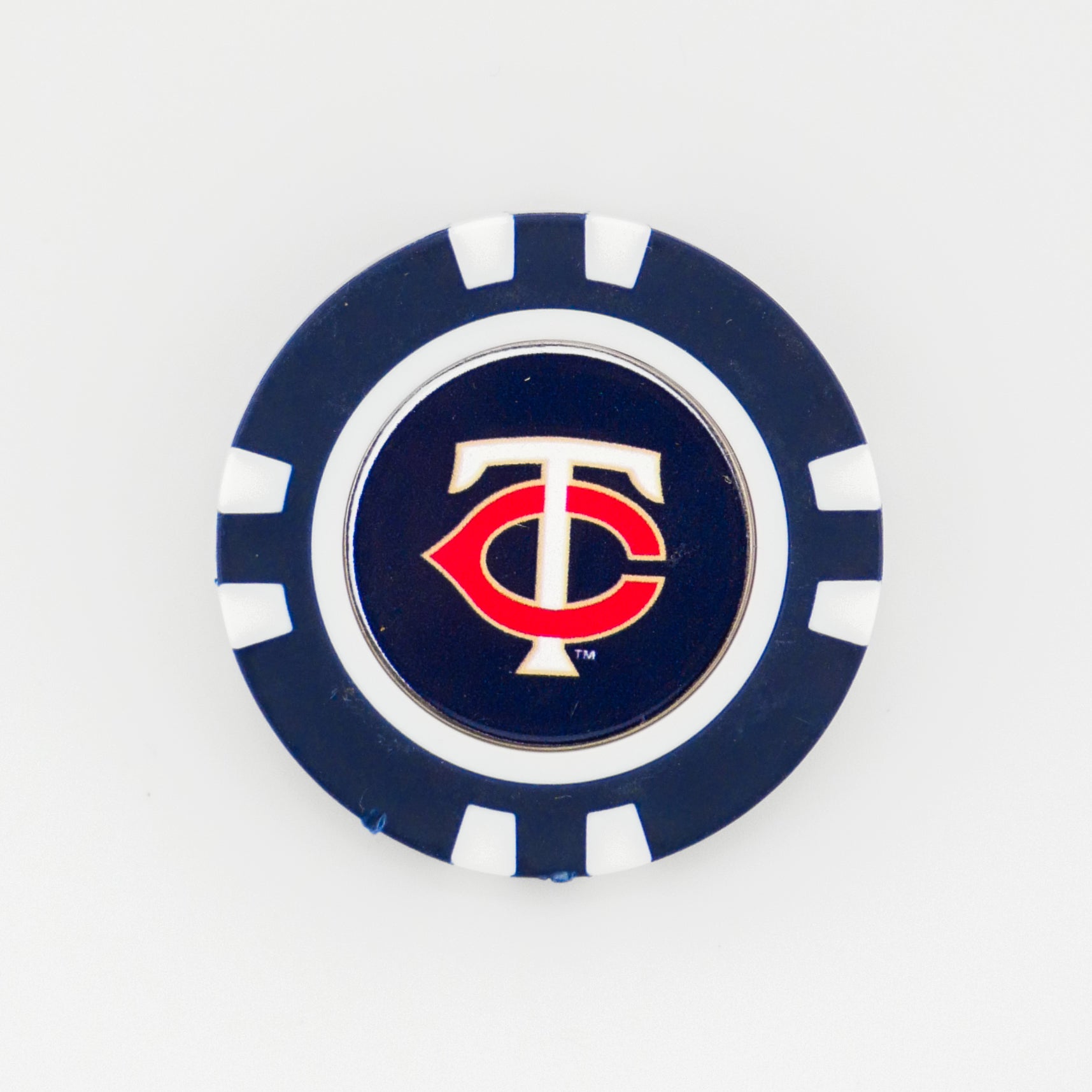 Show your MLB pride with this Ballmarkers.com Minnesota Twins poker chip ball marker, featuring the team's blue and white colors and iconic interlocking C and T logo—perfect for golf fans.
