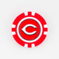 A red and white poker chip ball marker from Ballmarkers.com featuring the Cincinnati Reds logo—a stylized white C outlined in black and red.