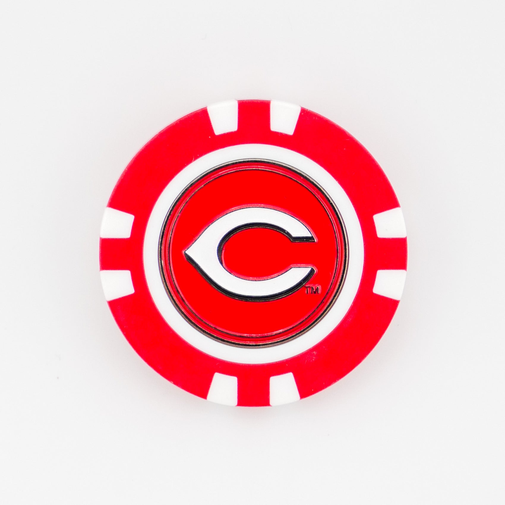 A red and white poker chip ball marker from Ballmarkers.com featuring the Cincinnati Reds logo—a stylized white C outlined in black and red.