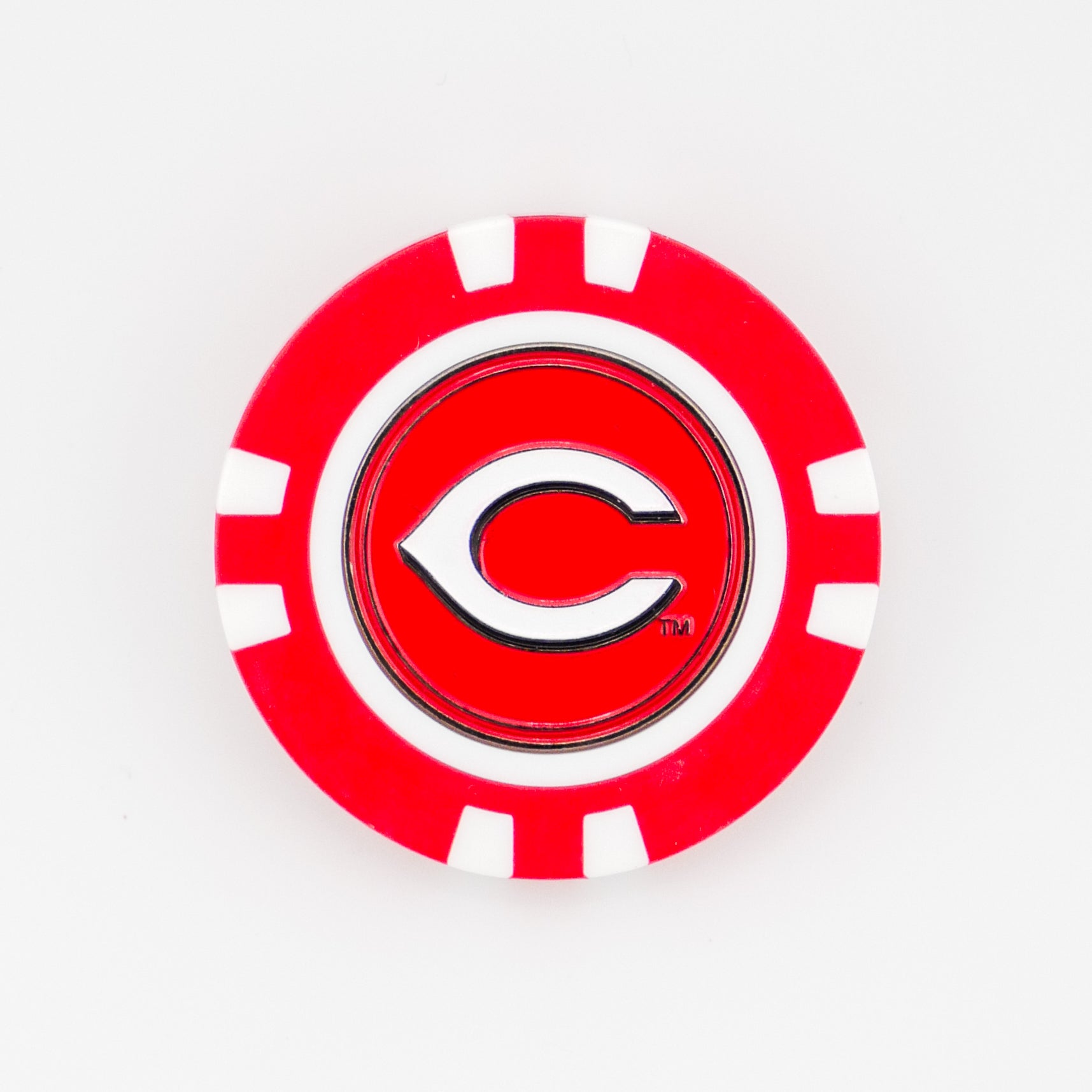 A red and white poker chip ball marker from Ballmarkers.com featuring the Cincinnati Reds logo—a stylized white C outlined in black and red.