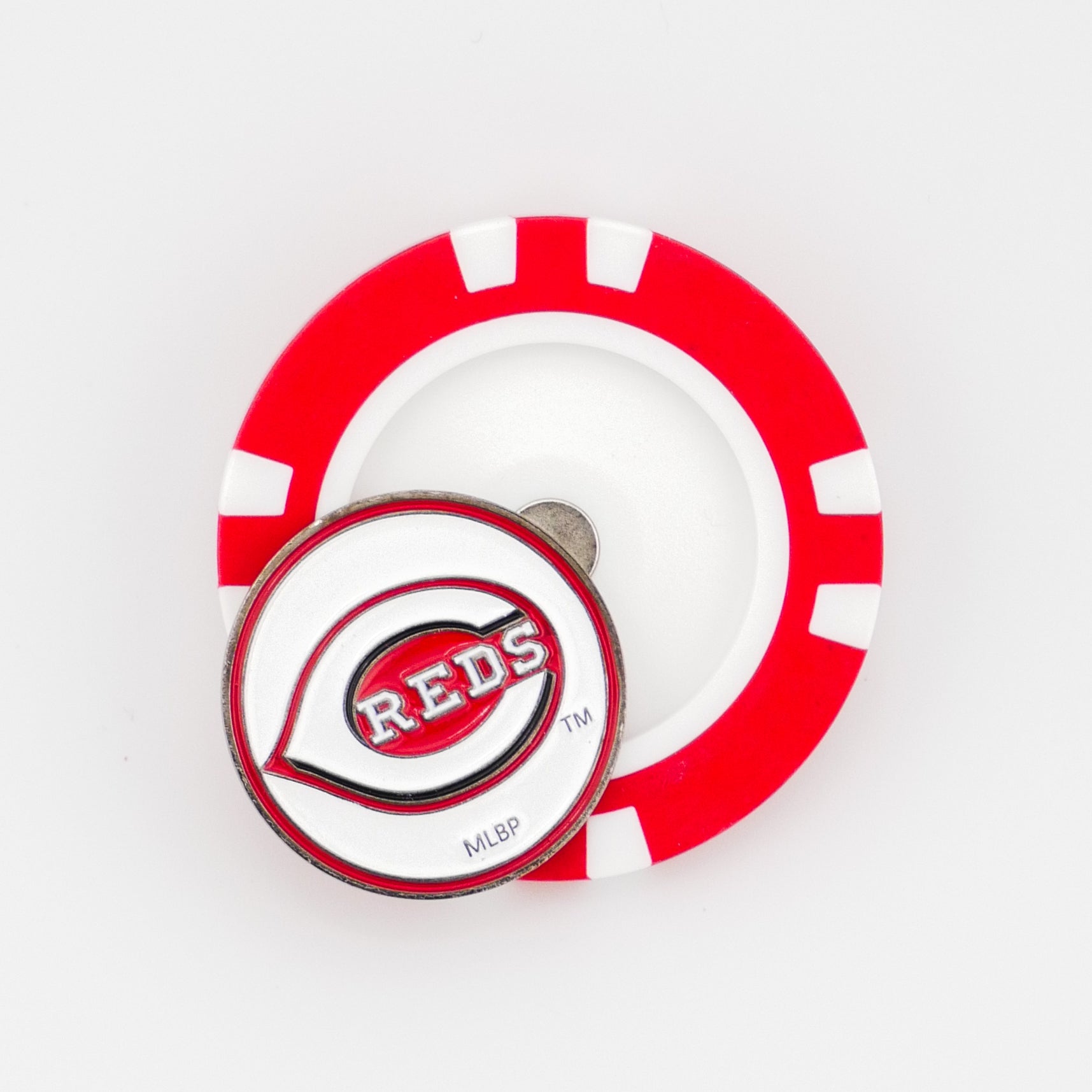 The Ballmarkers.com Cincinnati Reds poker chip ball marker features a red and white design with a circular logo coin on top, displaying the team’s stylized “C” and bold “Reds” lettering.