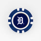 A blue and white Detroit Tigers ball marker from Ballmarkers.com, featuring the team’s Old English D logo in white at the center on a plain background.