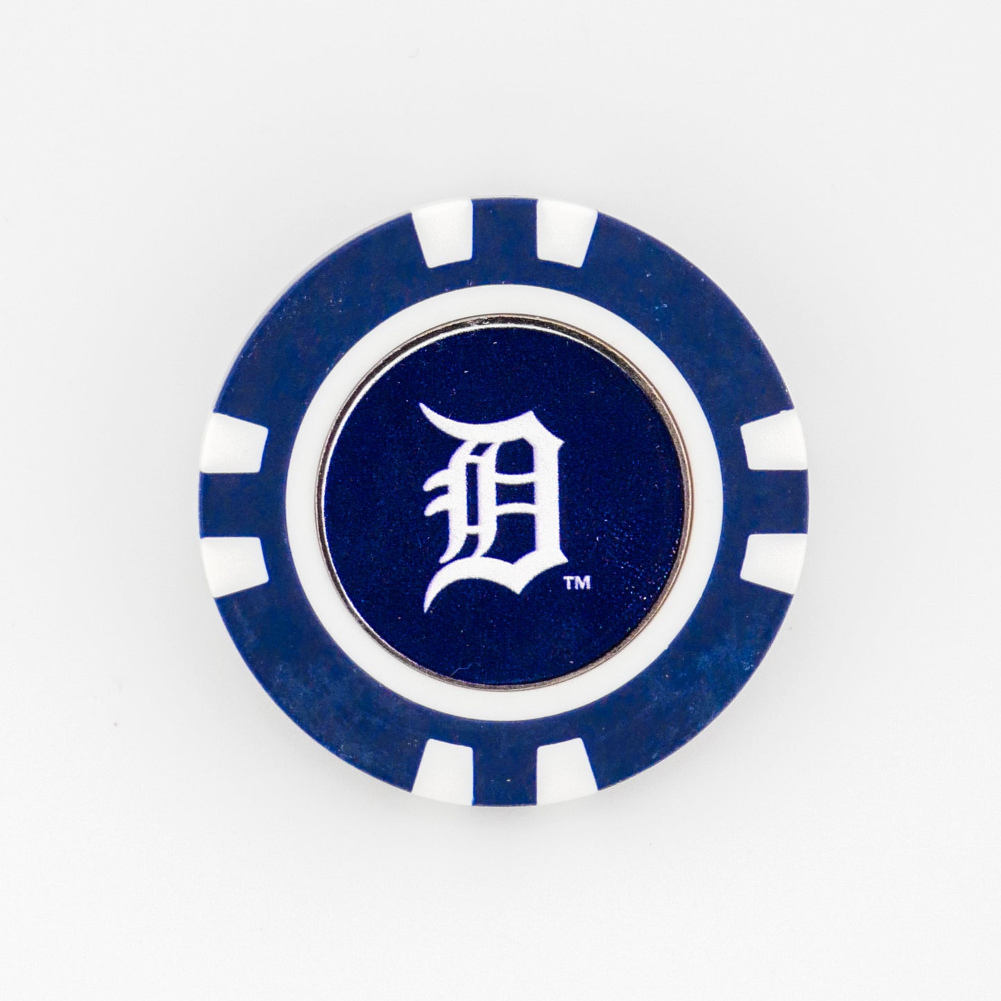 A blue and white Detroit Tigers ball marker from Ballmarkers.com, featuring the team’s Old English D logo in white at the center on a plain background.