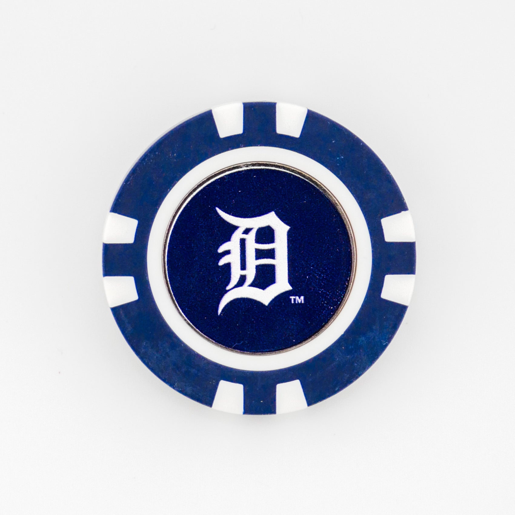 A blue and white Detroit Tigers ball marker from Ballmarkers.com, featuring the team’s Old English D logo in white at the center on a plain background.