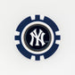 A blue and white poker chip ball marker by Ballmarkers.com featuring the New York Yankees logo in the center, shown on a plain white background.