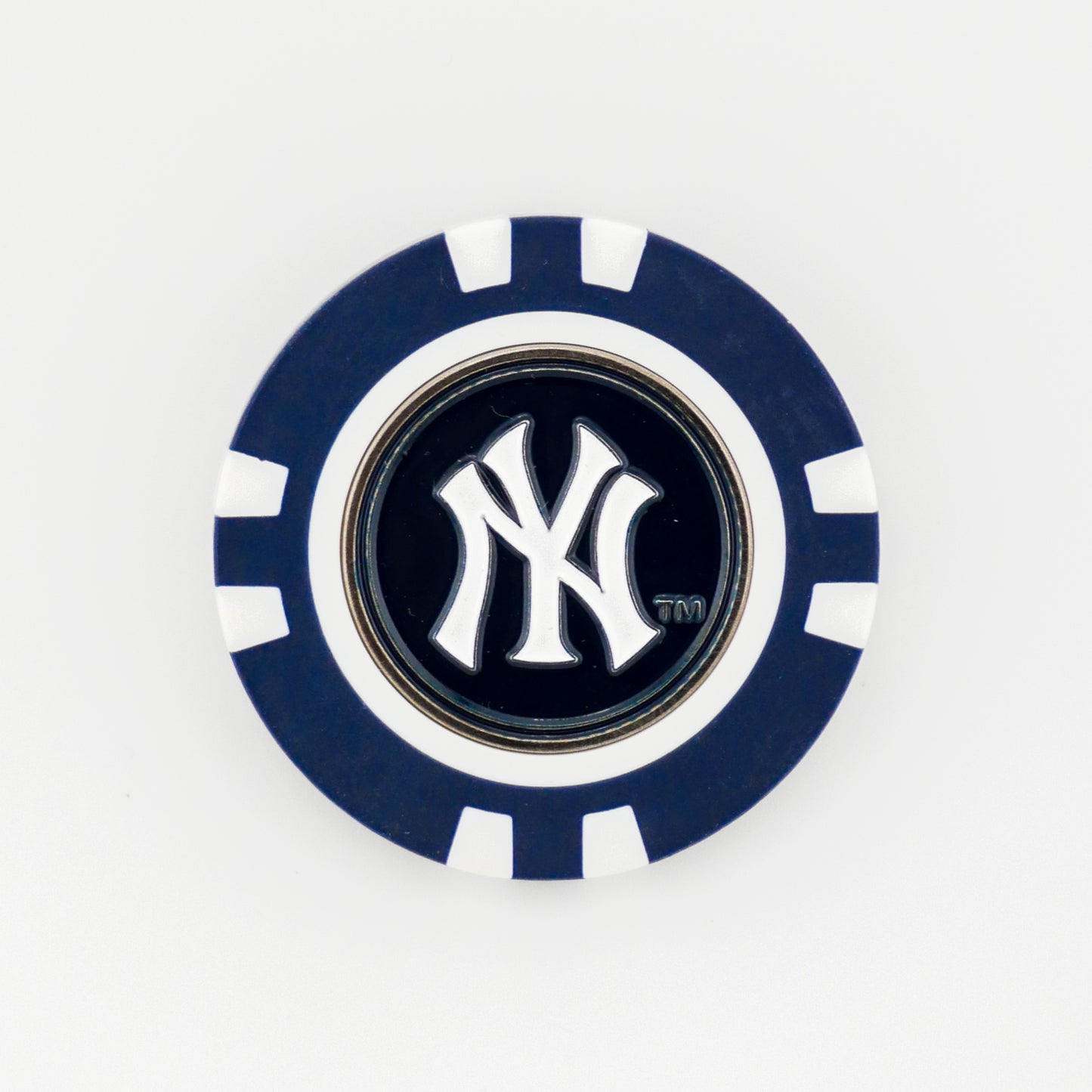 A blue and white poker chip ball marker by Ballmarkers.com featuring the New York Yankees logo in the center, shown on a plain white background.