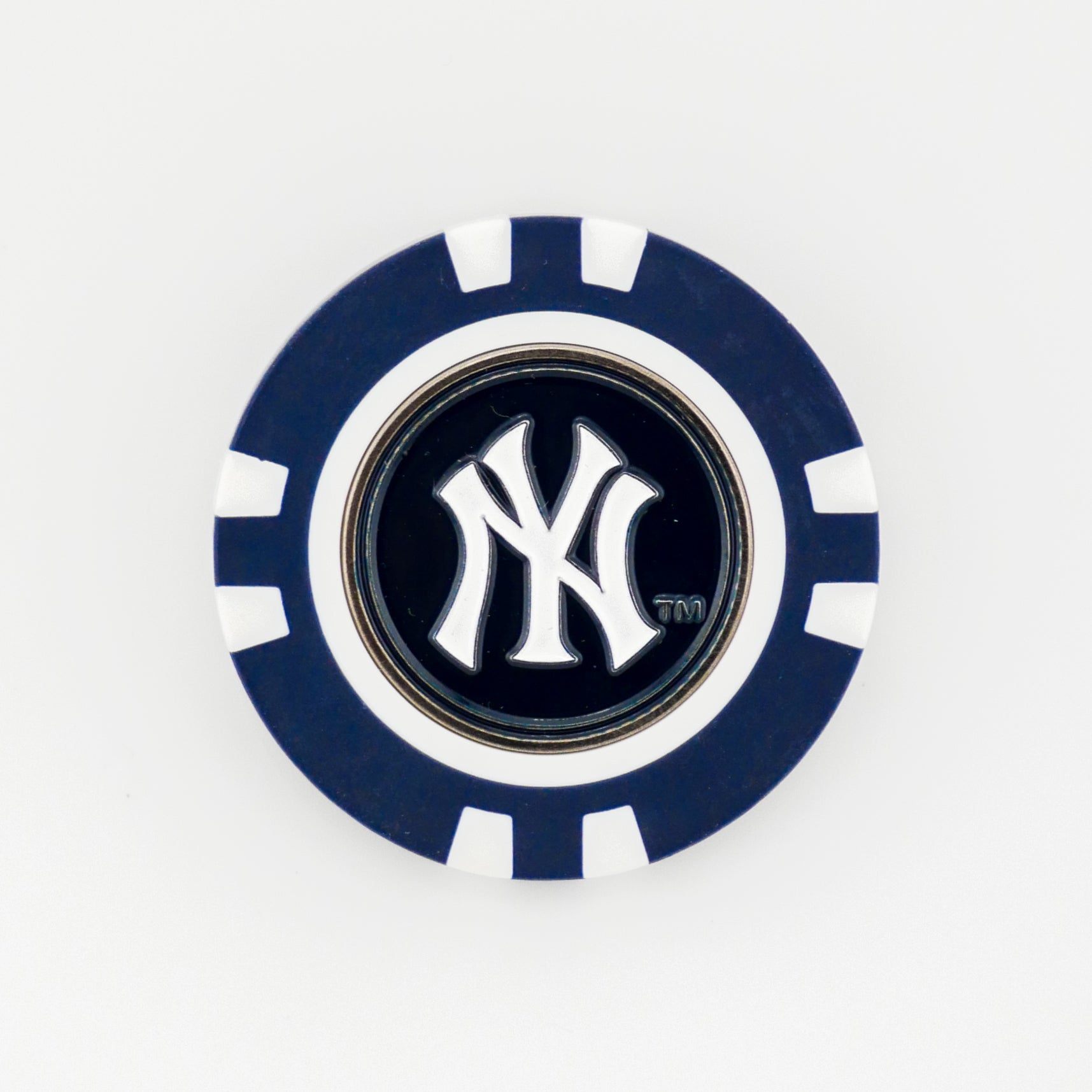 A blue and white poker chip ball marker by Ballmarkers.com featuring the New York Yankees logo in the center, shown on a plain white background.