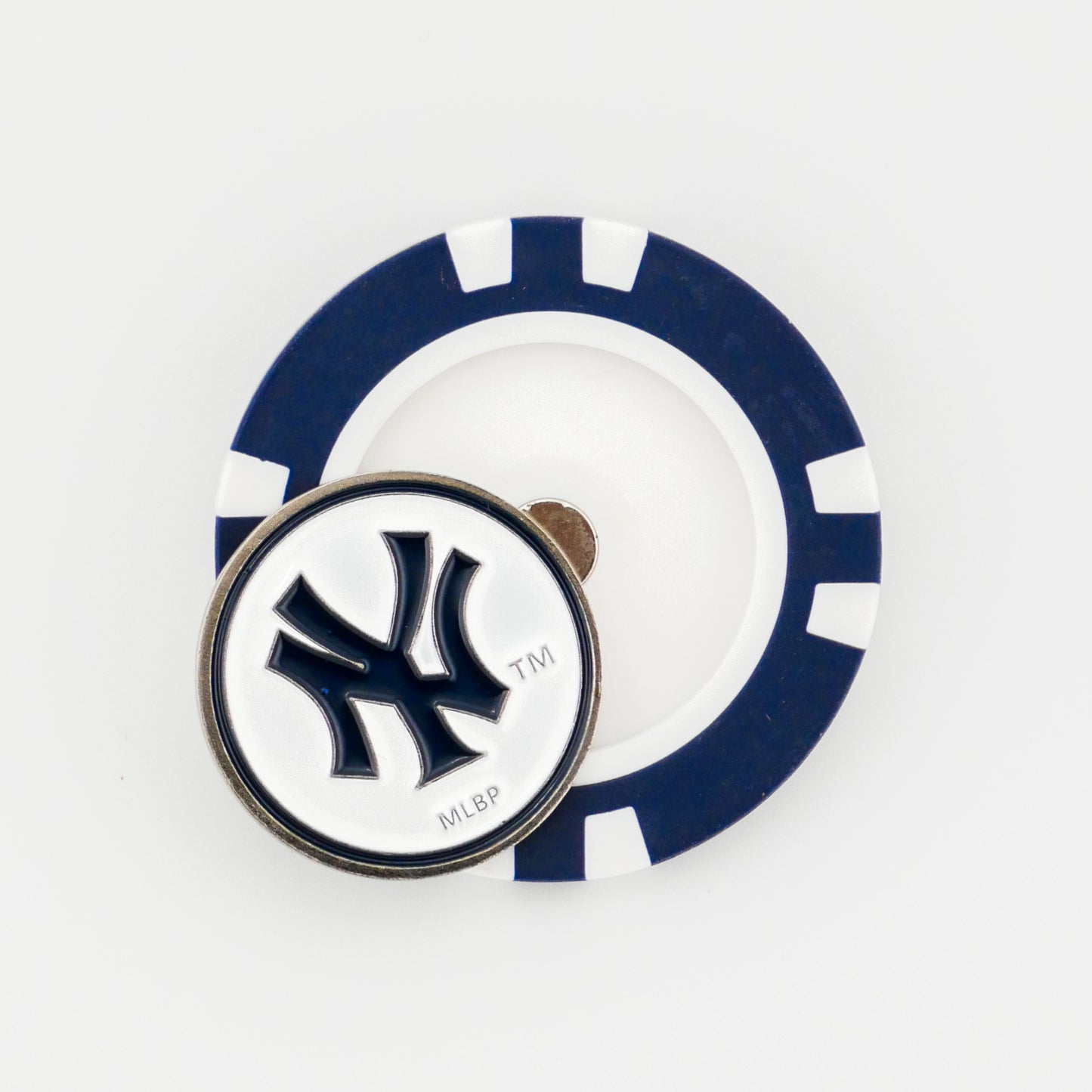 A blue and white poker chip ball marker by Ballmarkers.com featuring a circular New York Yankees logo, shown on a white background.