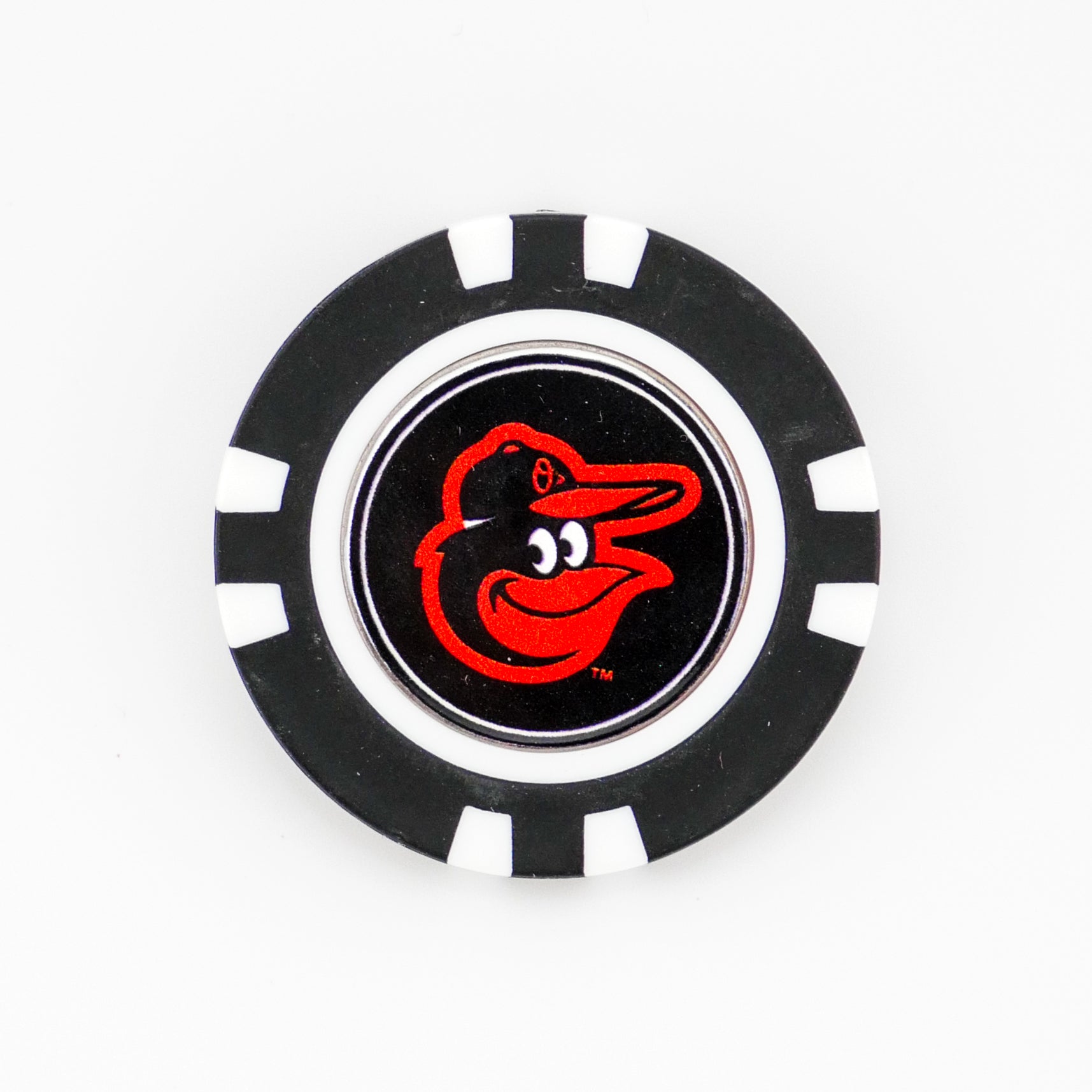 The Ballmarkers.com Baltimore Orioles poker chip-style marker features the team's cartoon bird logo in red and black—ideal as an MLB golf ball marker.
