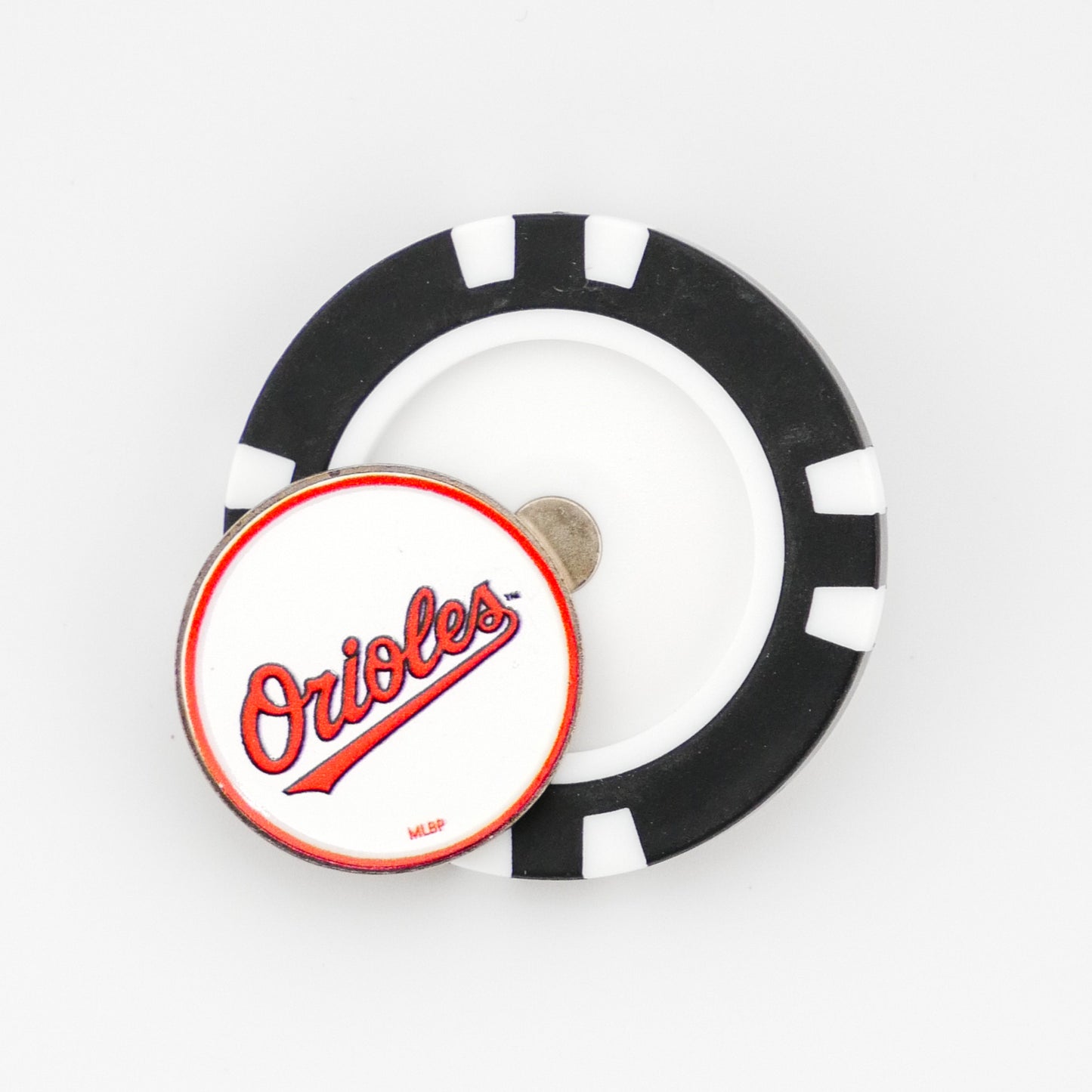 A black and white poker chip-style marker and a circular MLB ball marker featuring the Baltimore Orioles logo, by Ballmarkers.com, displayed on a white background. The pin has a classic golf ball marker design with a red border.