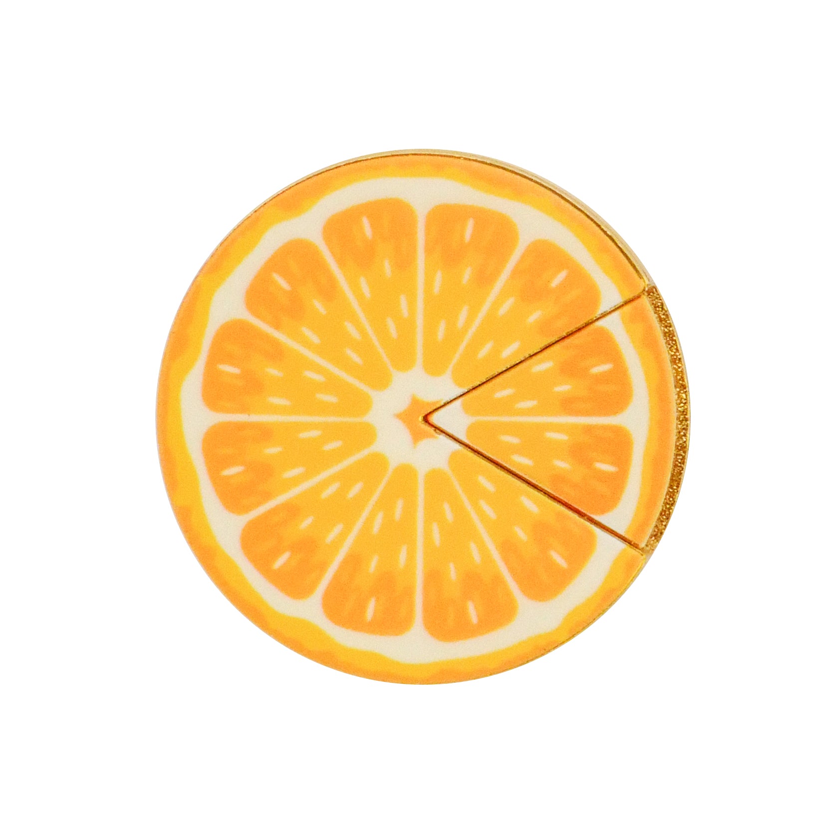 The Logie Joe's Golf Orange "Slice" Premium Ball Marker features a vibrant orange segment design with a removable slice, ideal as a poker chip or golf ball marker.