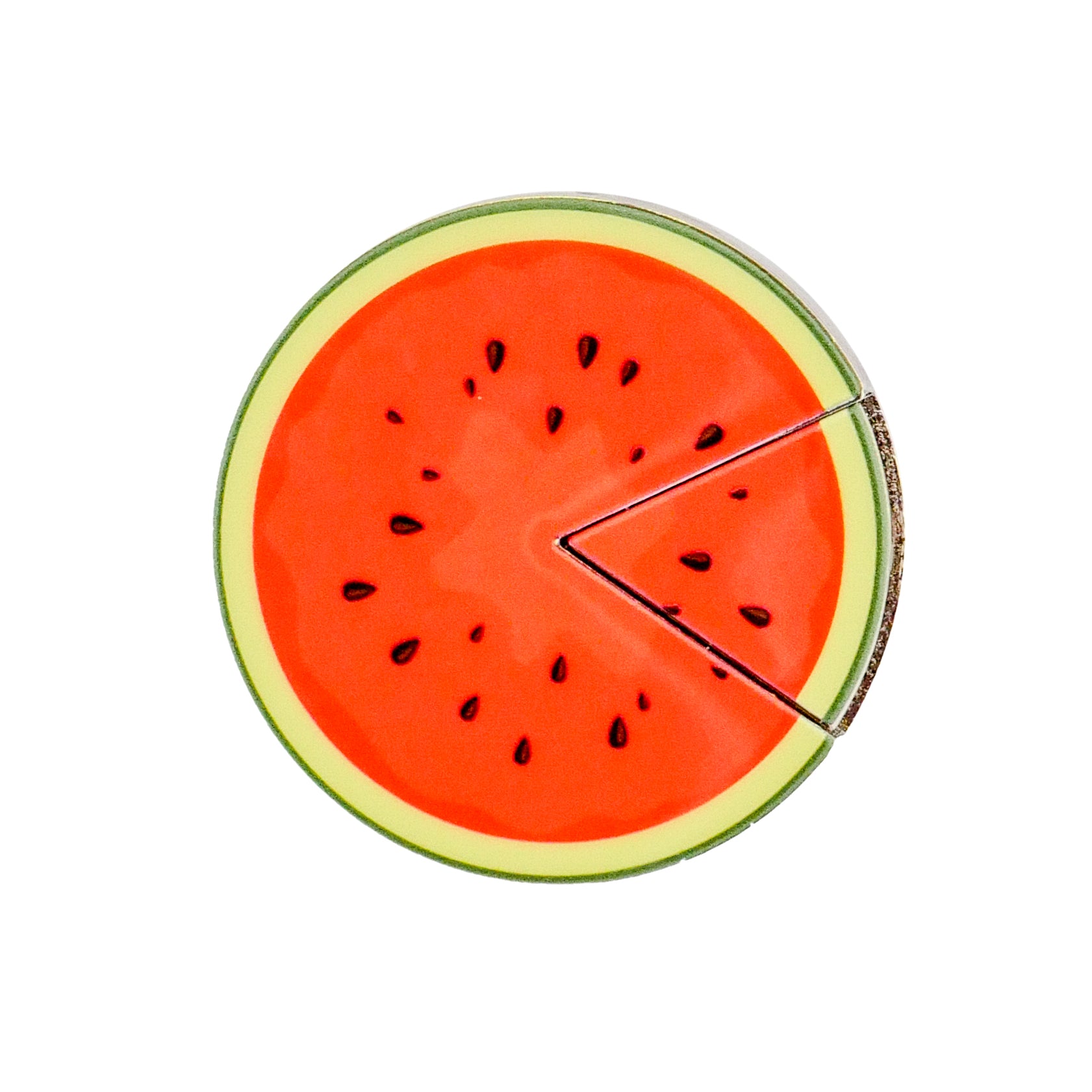 The Logie Joe's Golf Watermelon "Slice" Premium Ball Marker features a round design like a watermelon slice, with a removable triangular piece, red interior with black seeds, light green rind, and dark green edge on white.