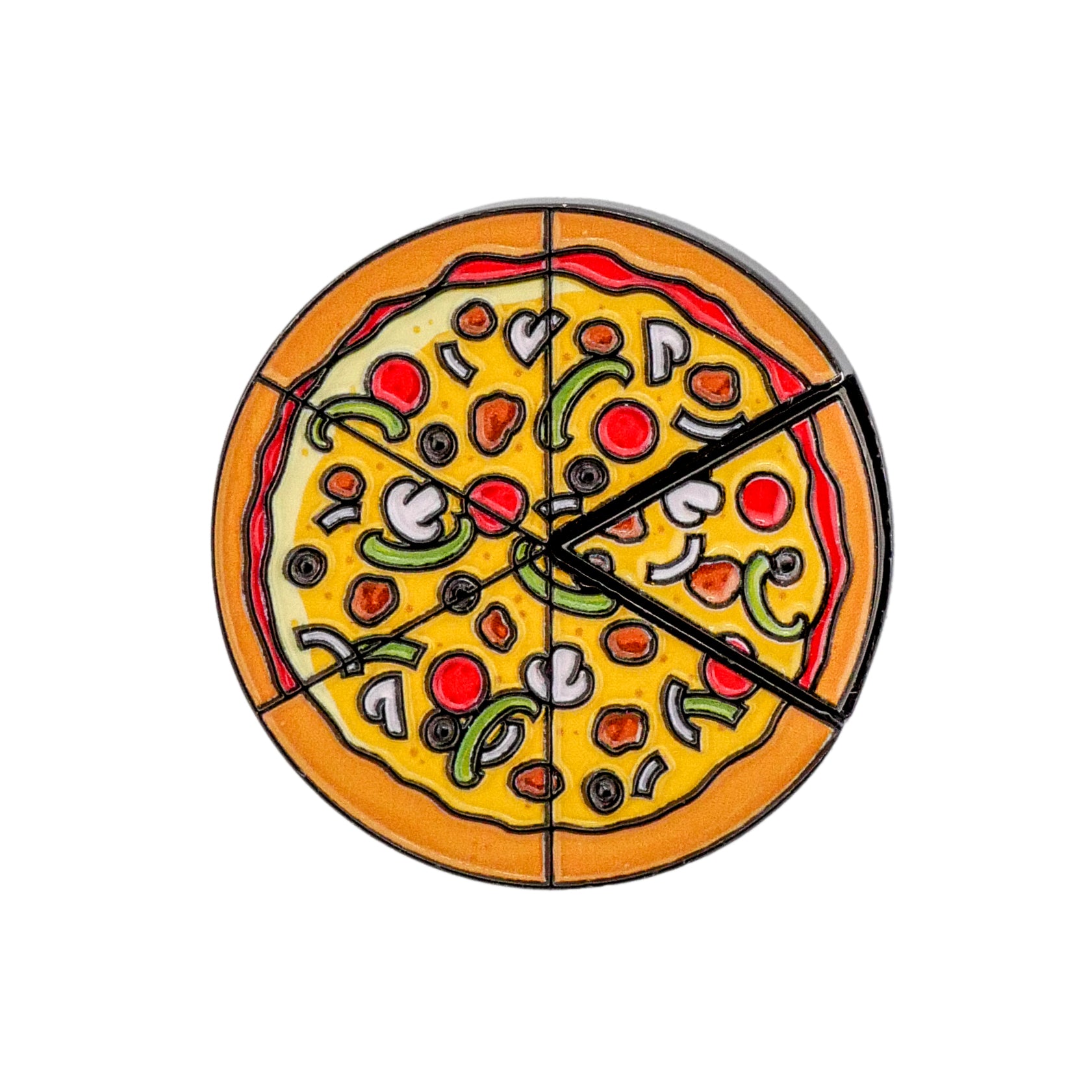 Logie Joe’s Golf Supreme Pizza "Slice" Premium Ball Marker features a cartoon-style whole pizza with six slices—one as a removable marker—topped with mushrooms, olives, peppers, and pepperoni on a white background.