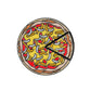 Illustration of Logie Joe's Golf Mexican Pizza "Slice" Premium Ball Marker, showing a whole pizza with cheese, onions, peppers, and a removable slice inspired by a poker chip ball marker, slightly separated from the rest.