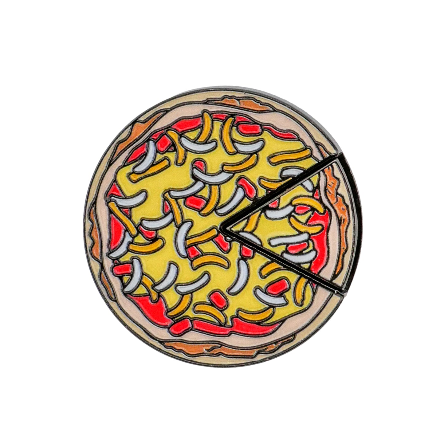 Illustration of Logie Joe's Golf Mexican Pizza "Slice" Premium Ball Marker, showing a whole pizza with cheese, onions, peppers, and a removable slice inspired by a poker chip ball marker, slightly separated from the rest.