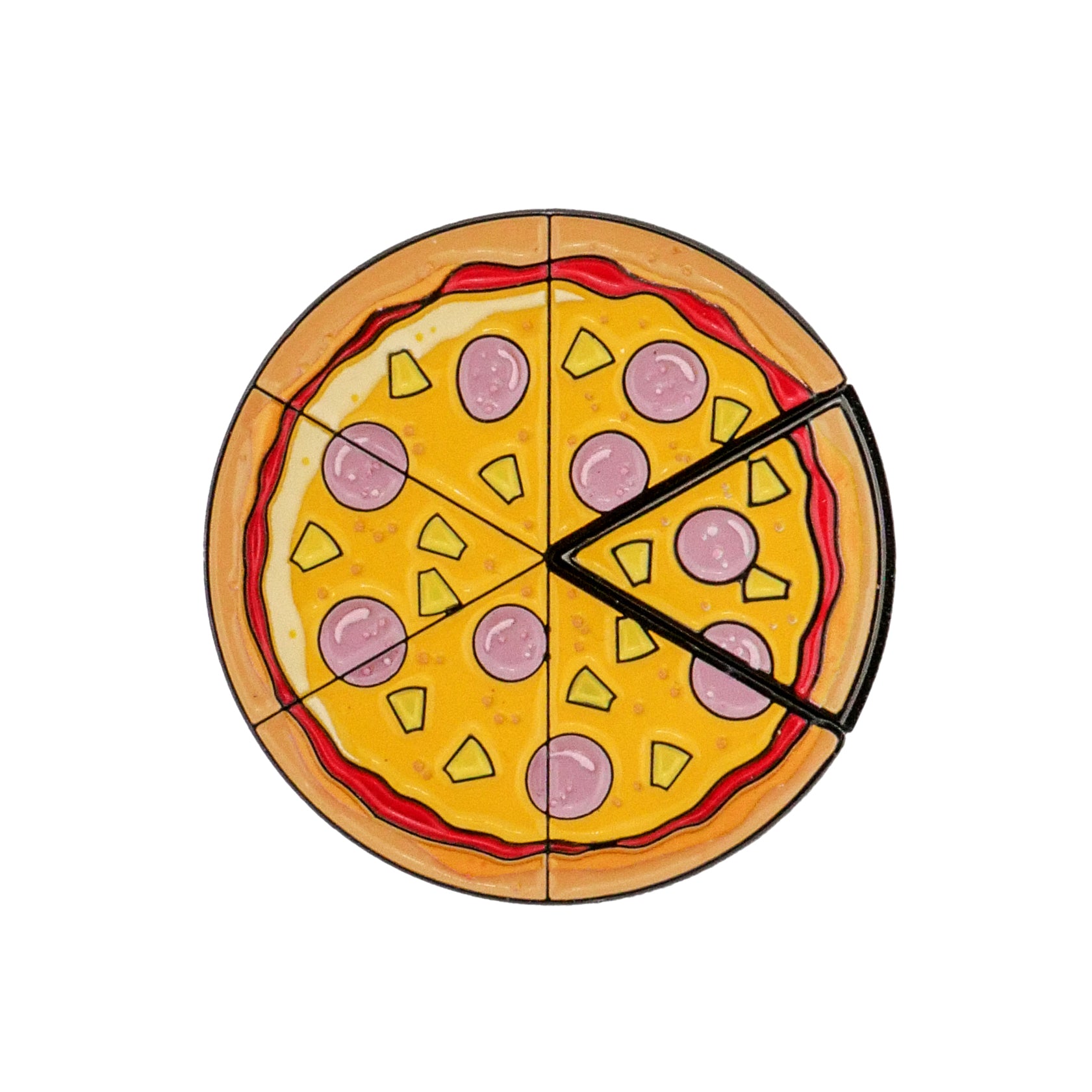 Logie Joe's Golf Hawaiian Pizza "Slice" Premium Ball Marker: A fun cartoon pizza with six cheesy, pepperoni, and pineapple slices—one pulled away—and a poker chip ball marker beside it on a white background.