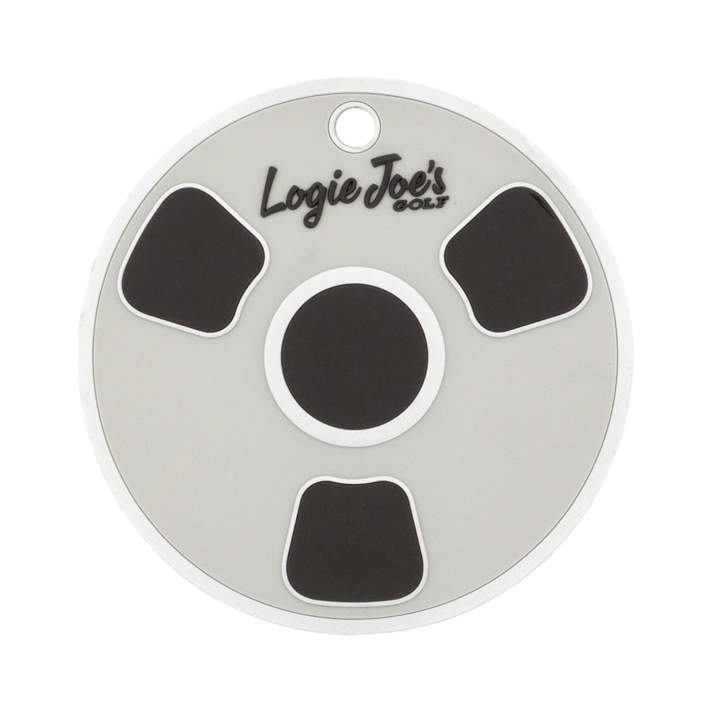 The Bottom of the Cup Putting Disk by Logie Joe's Golf is a round, white practice tool with three black curved shapes and a center circle. "Logie Joe's Golf" is printed on top, plus a hole for attaching—ideal for golf putting training.