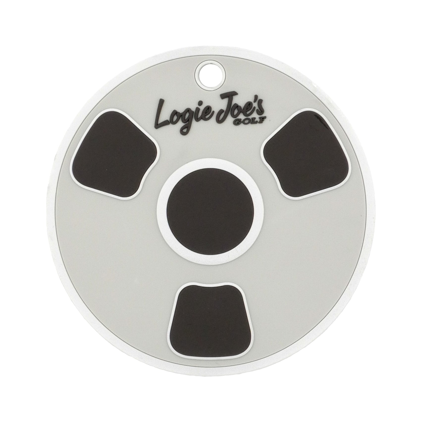 The Bottom of the Cup Putting Disk by Logie Joe's Golf is a round, white practice tool with three black curved shapes and a center circle. "Logie Joe's Golf" is printed on top, plus a hole for attaching—ideal for golf putting training.