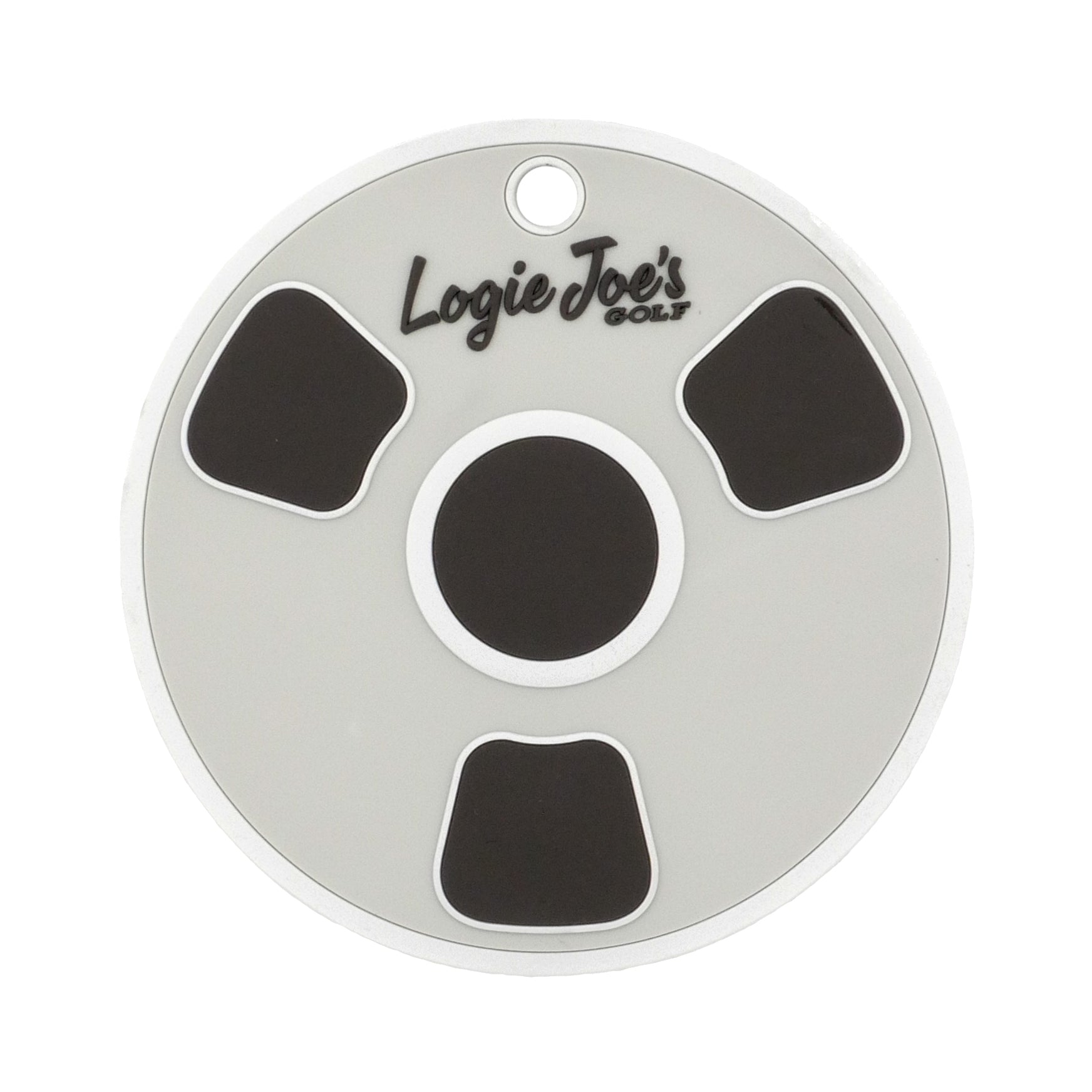 The Bottom of the Cup Putting Disk by Logie Joe's Golf is a round, white practice tool with three black curved shapes and a center circle. "Logie Joe's Golf" is printed on top, plus a hole for attaching—ideal for golf putting training.
