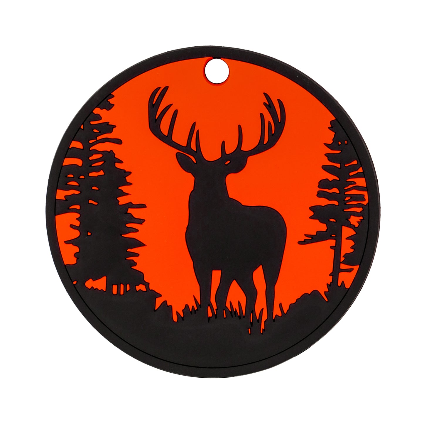 The Buck Hunter Putting Disk by Logie Joe's Golf features a round orange design with a black deer silhouette between two trees and a top hole for hanging—ideal for golf practice or putting training.