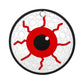 The Eye Ball Putting Disk by Logie Joe's Golf features a cartoon eyeball with a black outline, red center, black pupil, red squiggly lines, and gray ovals on a white background—ideal for golf practice.
