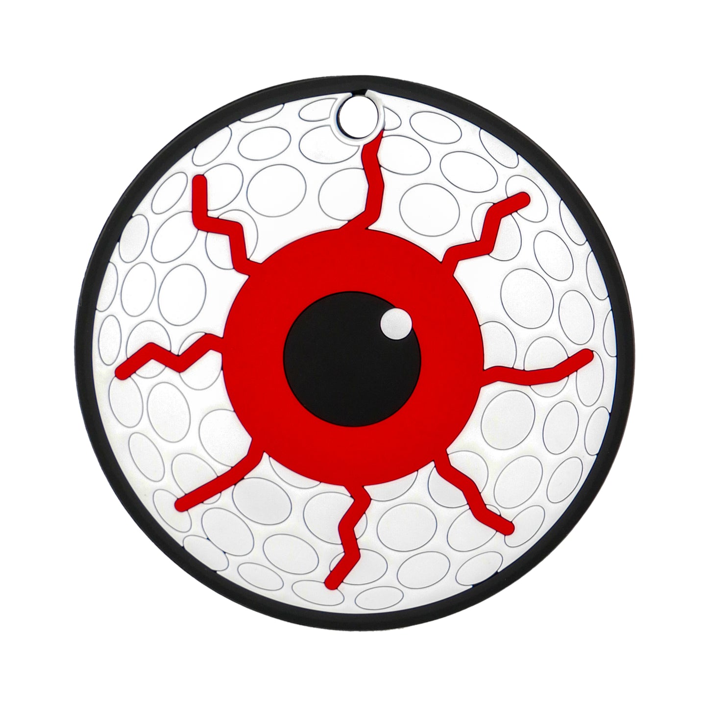The Eye Ball Putting Disk by Logie Joe's Golf features a cartoon eyeball with a black outline, red center, black pupil, red squiggly lines, and gray ovals on a white background—ideal for golf practice.