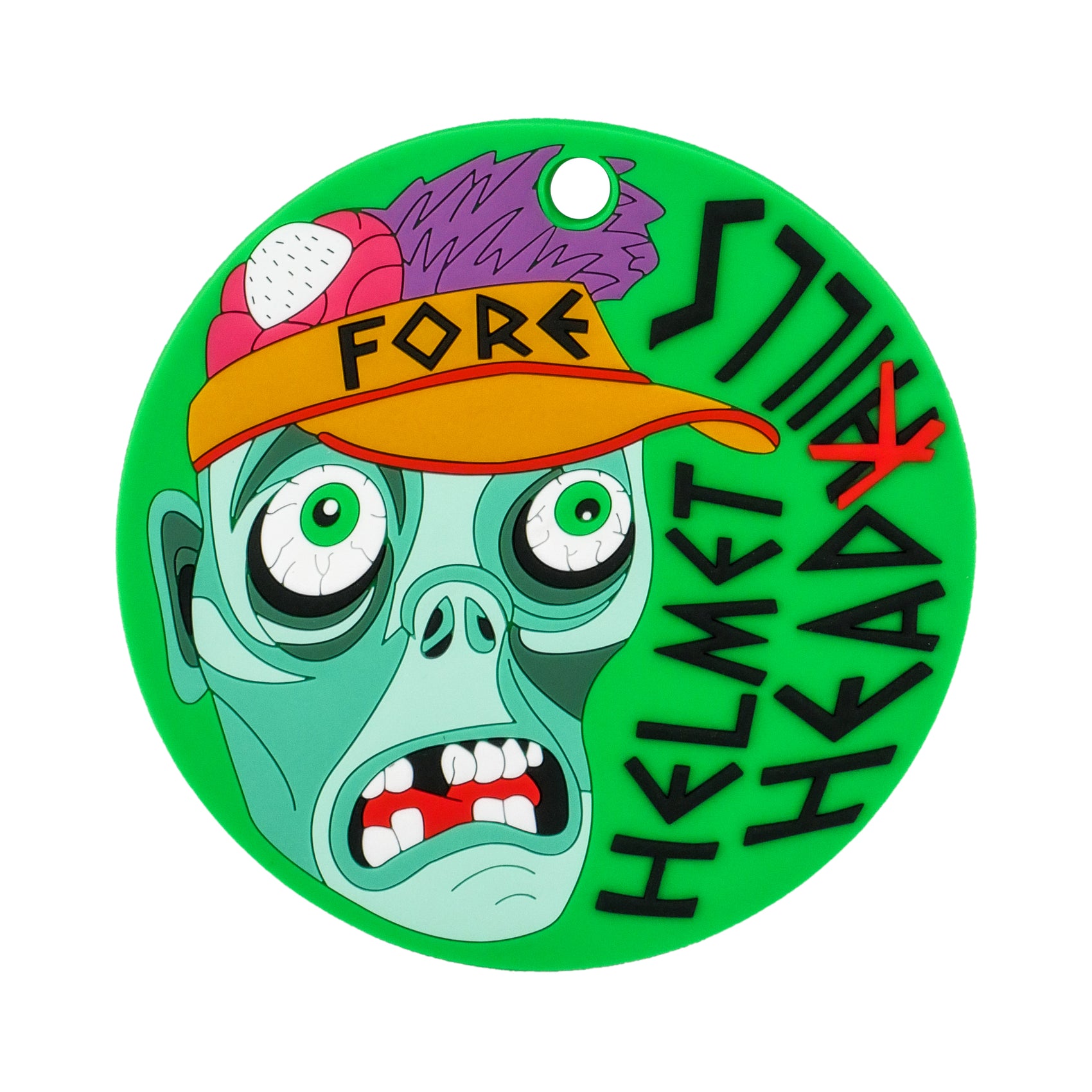 The Helmet Head Hills Putting Disk by Logie Joe's Golf is a green circular sticker showing a wide-eyed zombie in an orange FORE visor with a purple feather and golf ball, plus "STAY HELMET HEAD" text—great for golf fans.