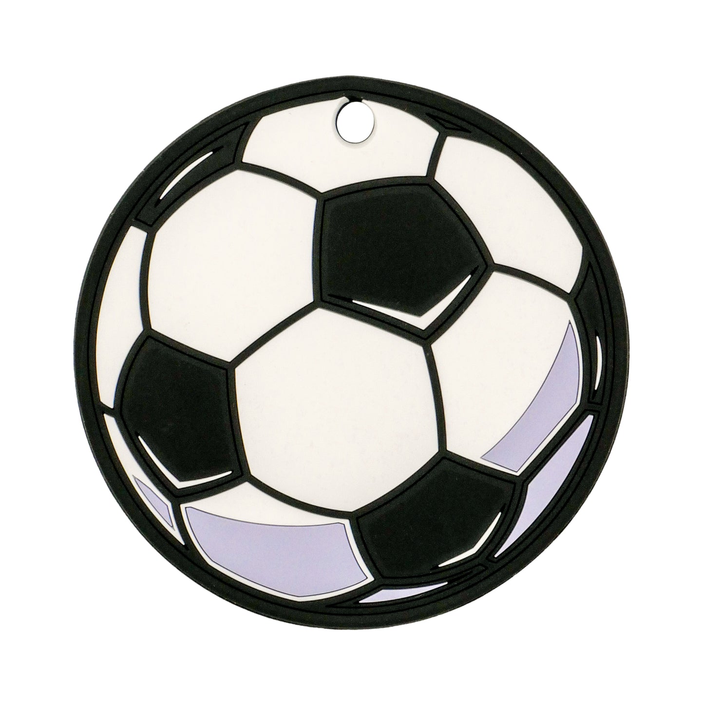 The Logie Joe's Golf Soccer Ball Putting Disk is a round black and white keychain that doubles as a mini putting disk for golf practice on the go. It features a small hole at the top for easy attachment to your keyring.