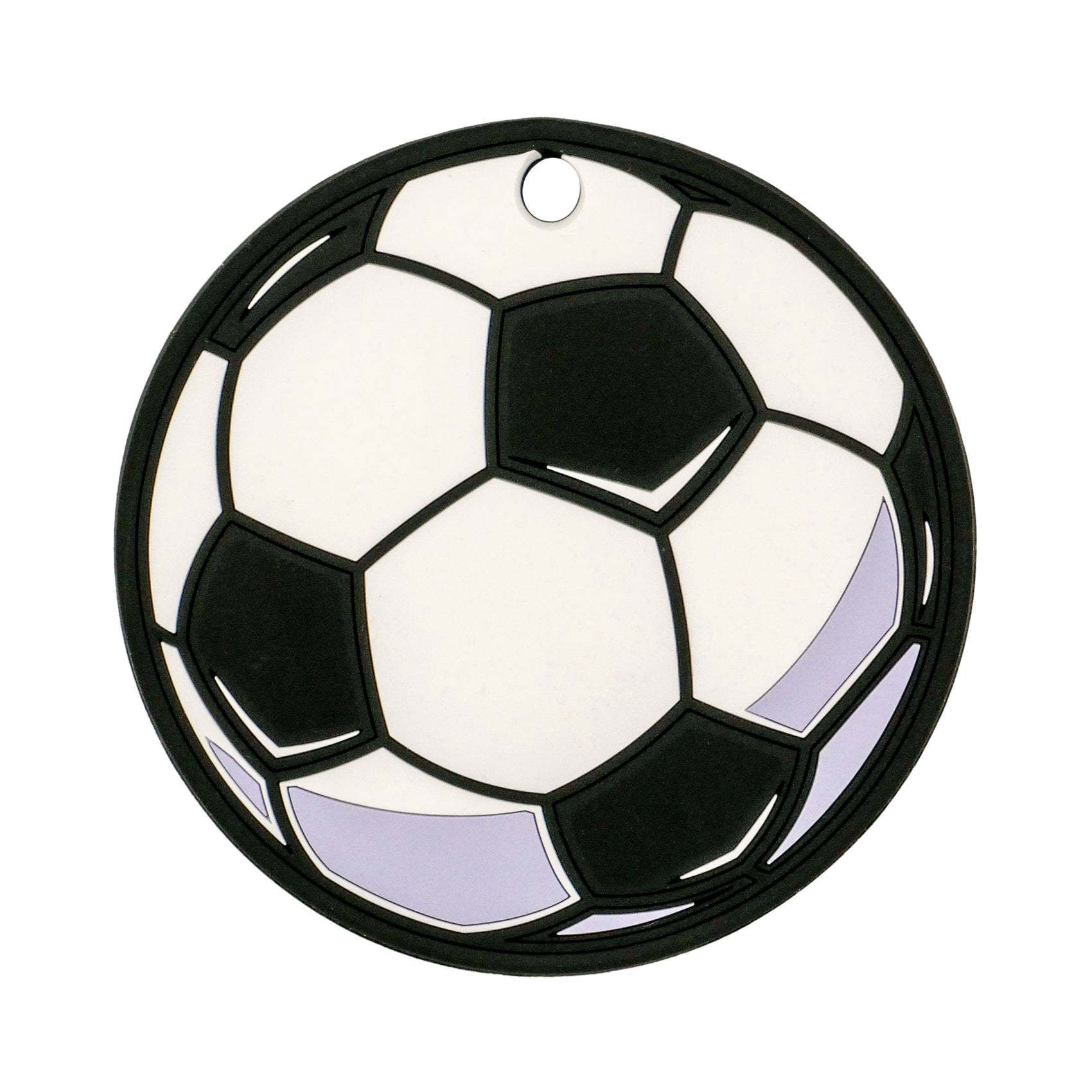The Logie Joe's Golf Soccer Ball Putting Disk is a round black and white keychain that doubles as a mini putting disk for golf practice on the go. It features a small hole at the top for easy attachment to your keyring.