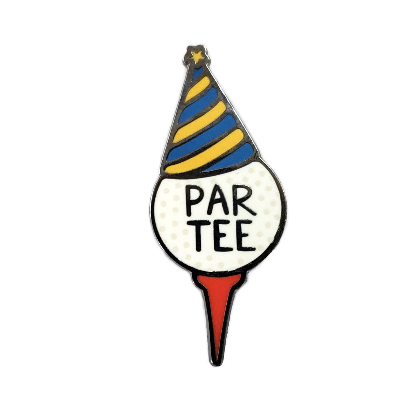 The Kolorspun Mini Par Tee Golf Ball Marker features a golf ball with "PAR TEE" on a red tee, topped with a blue and yellow party hat—a fun, magnetic gift for golfers celebrating on the green.