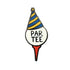 The Kolorspun Mini Par Tee Golf Ball Marker features a golf ball with "PAR TEE" on a red tee, topped with a blue and yellow party hat—a fun, magnetic gift for golfers celebrating on the green.