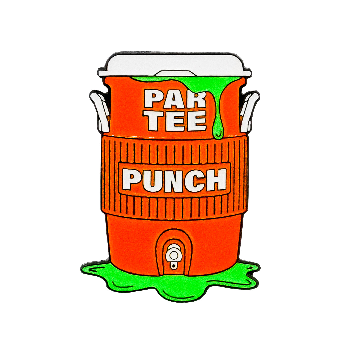 A Punch Cooler Ball Marker by Ballmarkers.com features an orange drink cooler with green liquid—illustrated on white—ideal for golfers seeking unique golf accessories like this Par Tee Punch-inspired ball marker.