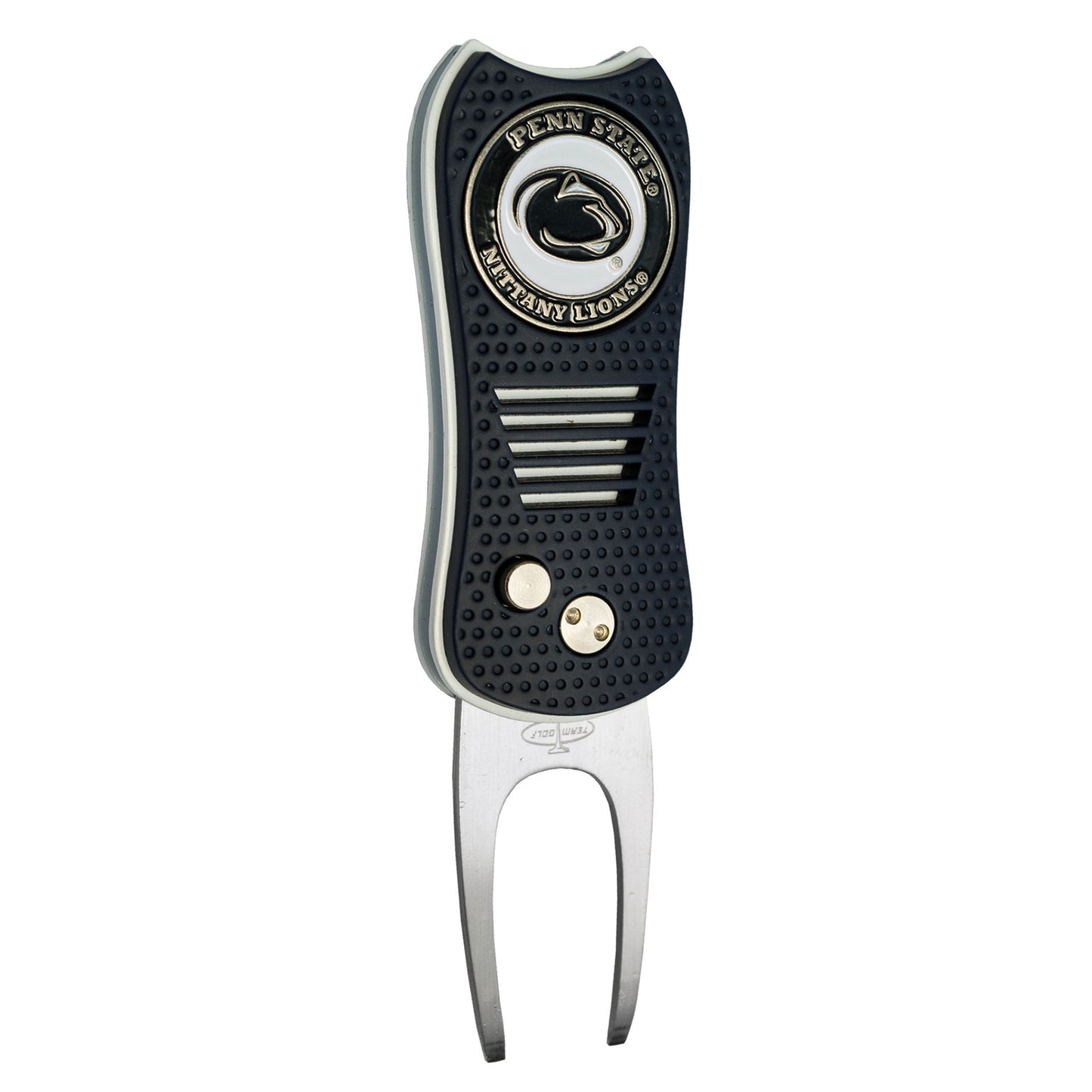 The Switchfix ACC College Switchfix Divot Tool with Ball Marker has a black textured grip, team logo on top, switchblade mechanism, two metal prongs for divot repair, and a magnetic ball marker.