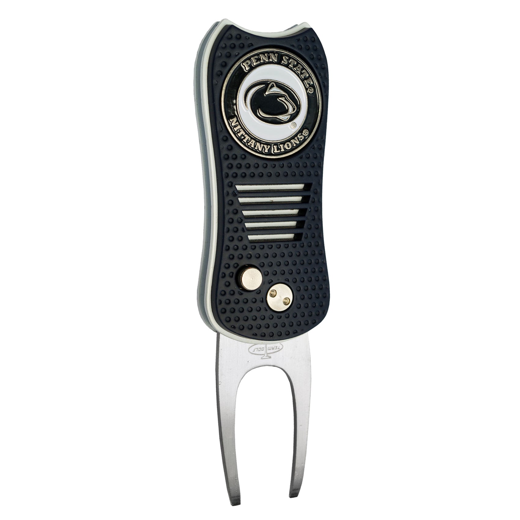 The Switchfix ACC College Switchfix Divot Tool with Ball Marker has a black textured grip, team logo on top, switchblade mechanism, two metal prongs for divot repair, and a magnetic ball marker.
