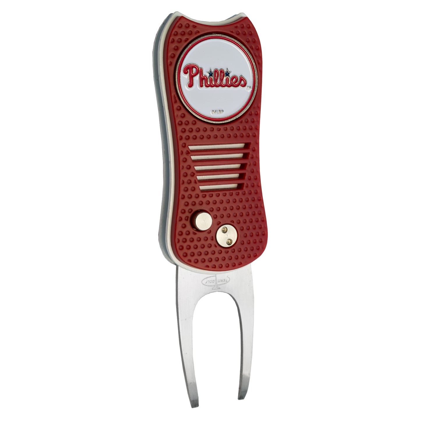 The MLB Switchfix Divot Tool with Ball Marker by MLB features a red and silver design, Philadelphia Phillies logo on top, magnetic ball marker, textured grip, and two metal prongs.