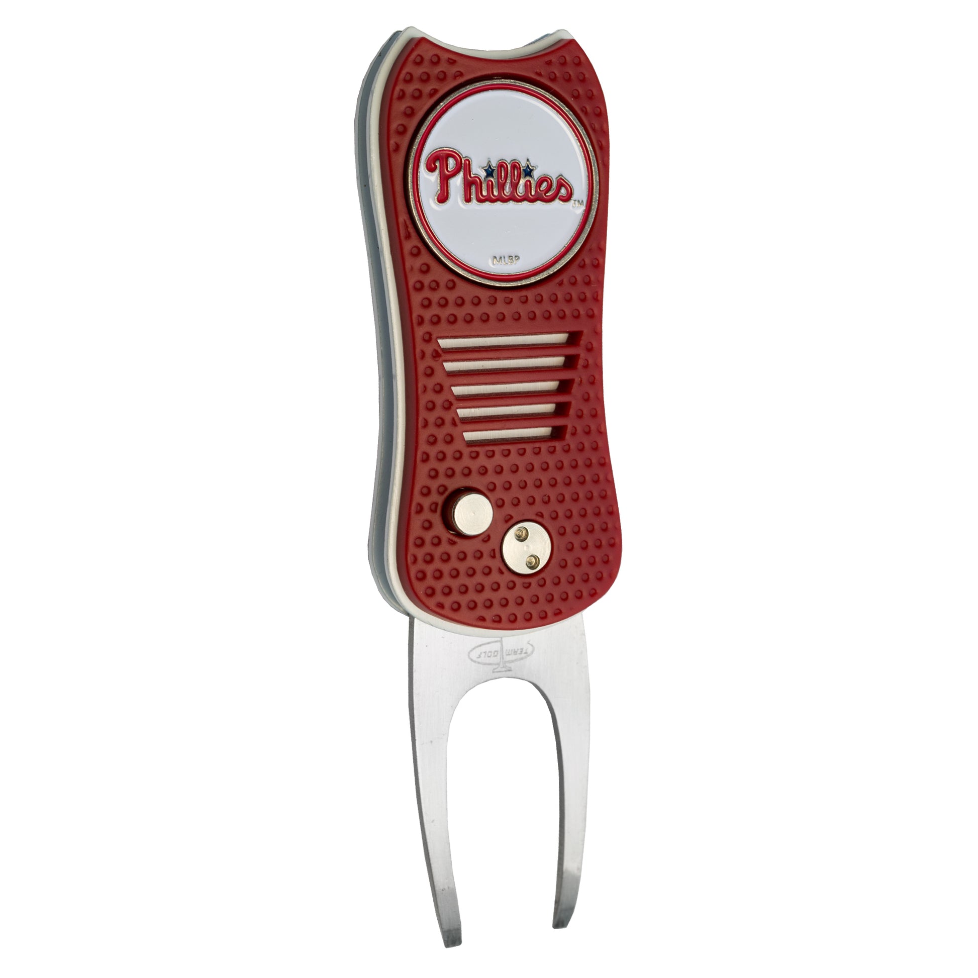 The MLB Switchfix Divot Tool with Ball Marker by MLB features a red and silver design, Philadelphia Phillies logo on top, magnetic ball marker, textured grip, and two metal prongs.