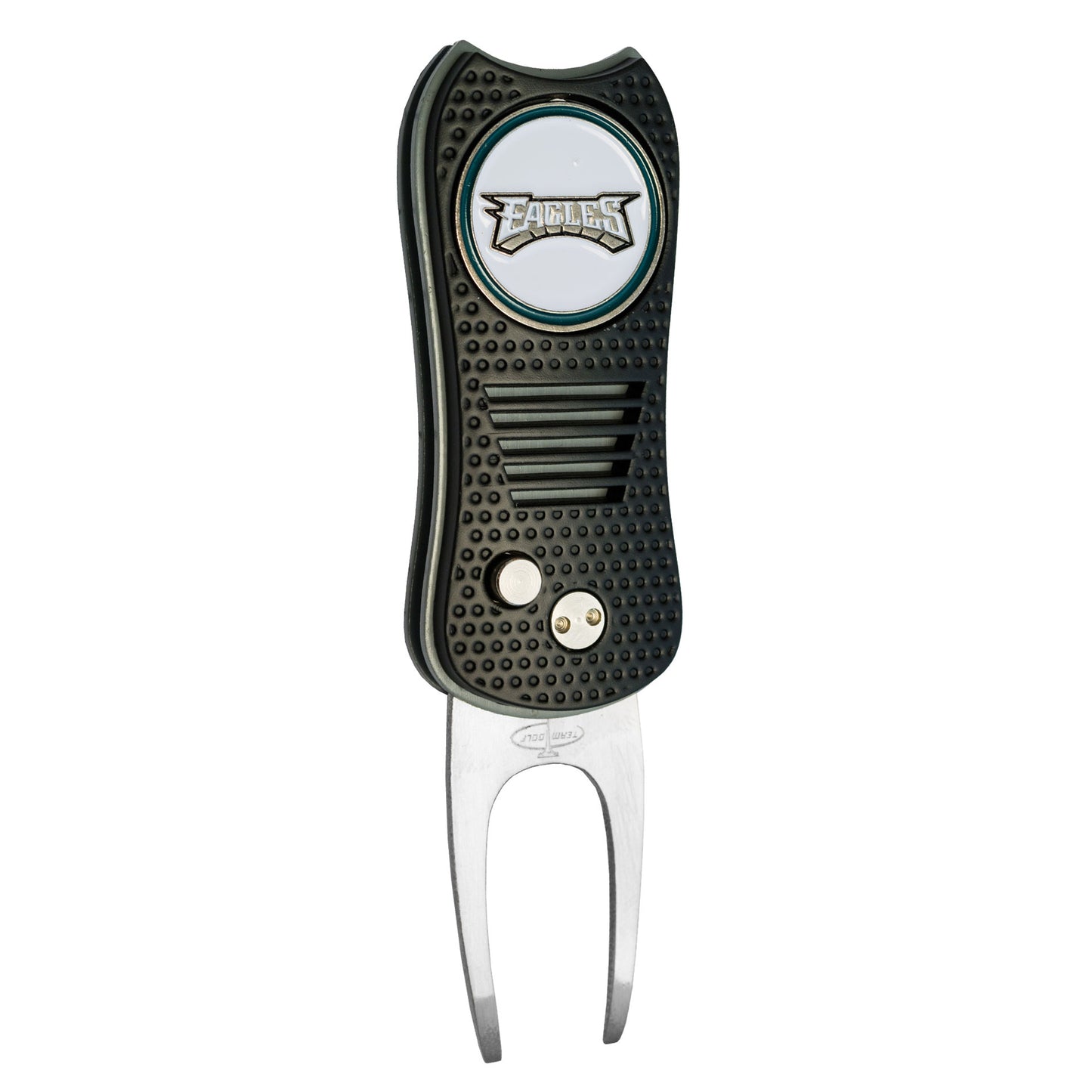 The NFL Switchfix Divot Tool with Ball Marker features a black textured grip, two metal prongs, a magnetic ball marker, and displays the Philadelphia Eagles logo on top.